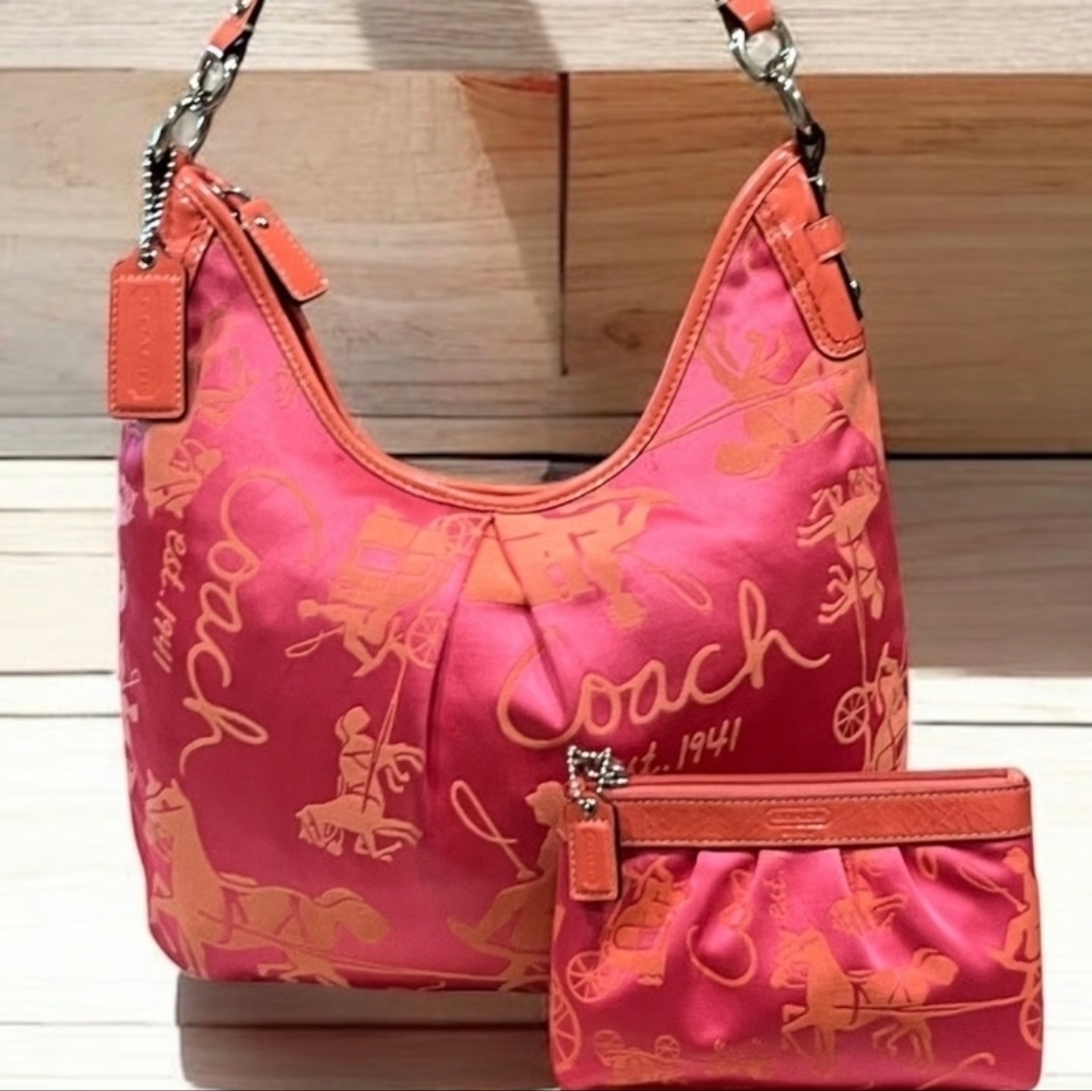 Coach Horse & Carriage Pleat Front Sateen Hobo Bag pink/coral w/wristle F14480